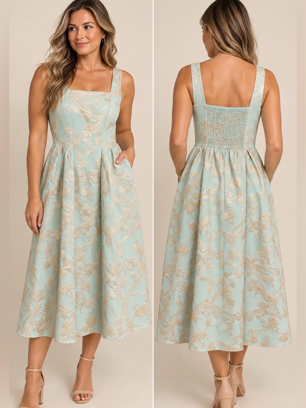 Mint Green Floral Jacquard Fit & Flare Dress Wedding Guest